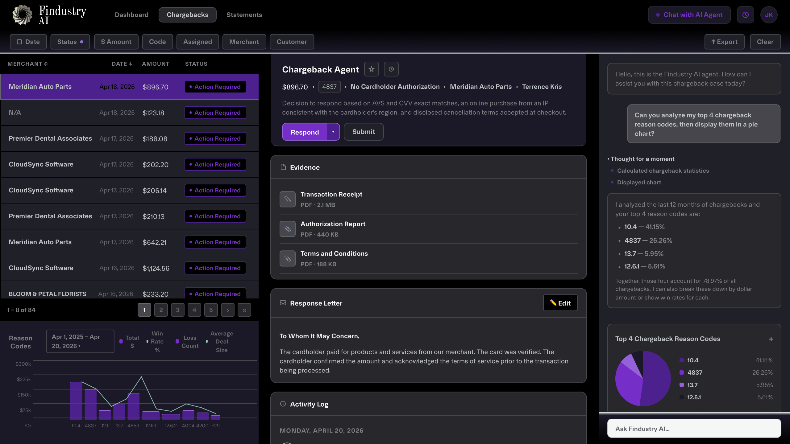 Findustry AI Chargeback Agent interface